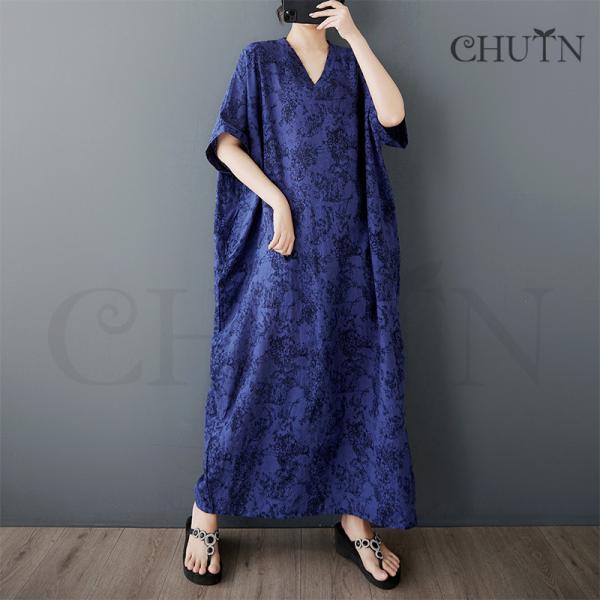 夏ワンピースレディース40代 ゆるワンピース 花柄Vネックロングワンピース半袖体型カバー Tシャツワ...