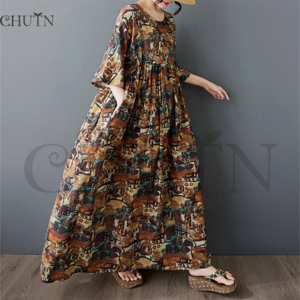 サマー綿麻マキシワンピース ゆる40代50代 体型カバープリントワンピース5分袖 お出かけ 通勤 着...