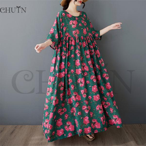 サマー綿麻マキシワンピース ゆる40代50代 体型カバープリントワンピース5分袖 お出かけ 通勤 着...