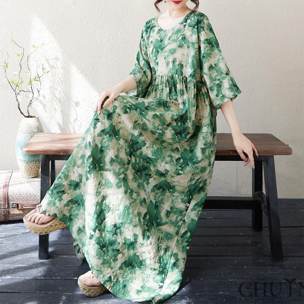 夏ゆるワンピース マキシワンピース 花柄体型カバー レディース40代50代 5分袖 ゆったり Tシャ...