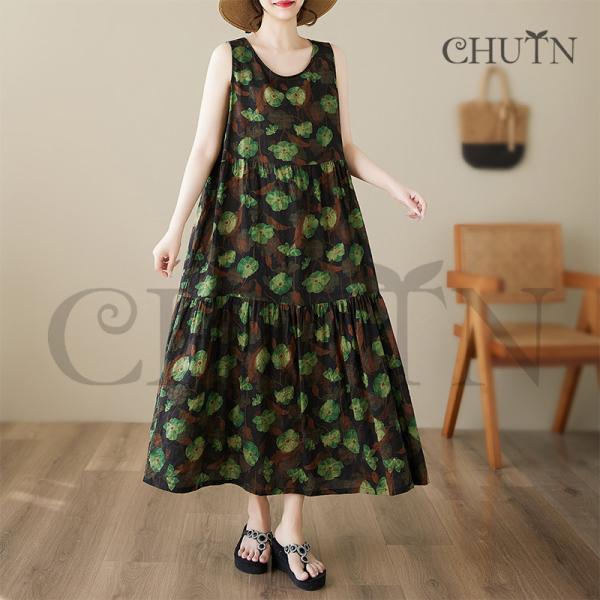 綿麻マキシタンクトップワンピース レディース 40代花柄 ゆるピーチワンピース夏可愛い ノースリーブ...