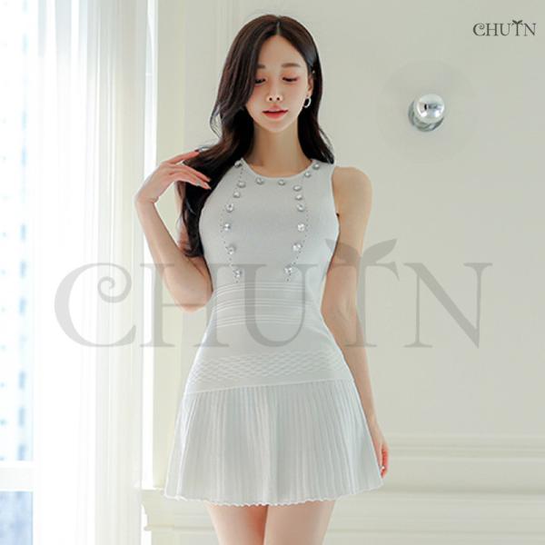 夏白ニットブラウス＋ニットタイトスカートミニ 韓国風キレイめノースリーブブラウス２点パーティードレス...