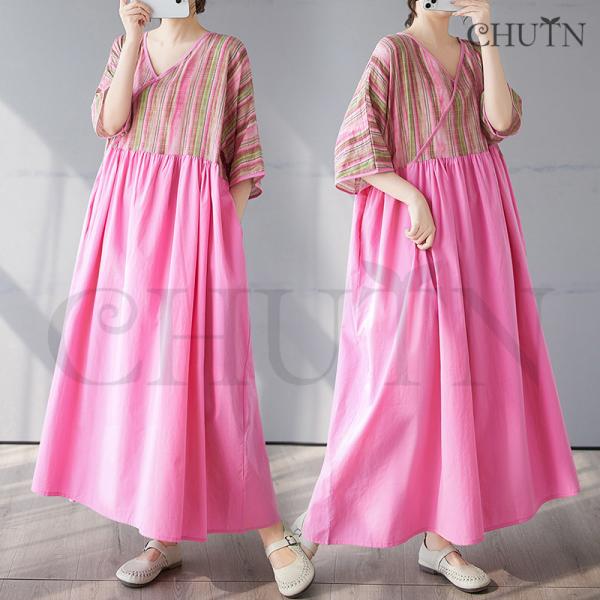 ゆるワンピースマキシワンピース夏ドッキングワンピース体型カバー40代50代5分袖 ゆったり涼感Tシャ...