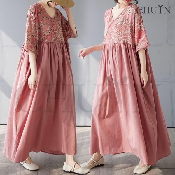 ゆるワンピースマキシワンピース夏ドッキングワンピース体型カバー40代50代5分袖 涼感Tシャツワンピ...