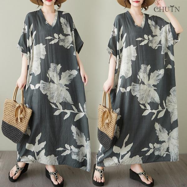 夏ワンピースレディース40代ゆるワンピース 夏vネック花柄 ゆったり綿麻体型カバー涼しいワンピース ...