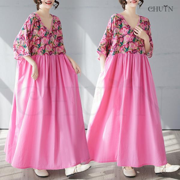 ゆるワンピースマキシワンピース夏花柄ドッキングワンピース体型カバー40代50代5分袖 ゆったり涼感T...