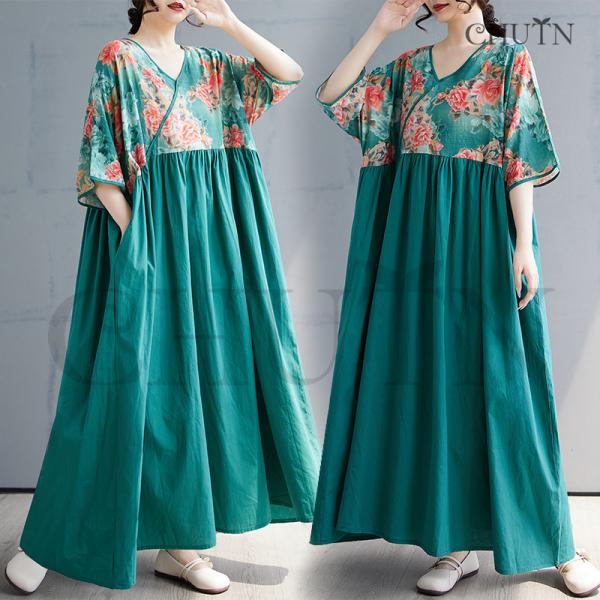 ゆるワンピースマキシワンピース夏花柄ドッキングワンピース体型カバー40代50代5分袖 ゆったり涼感T...