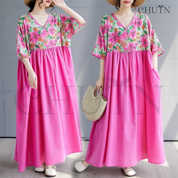 ゆるワンピースマキシワンピース夏花柄ドッキングワンピース体型カバー40代50代5分袖 ゆったり涼感T...