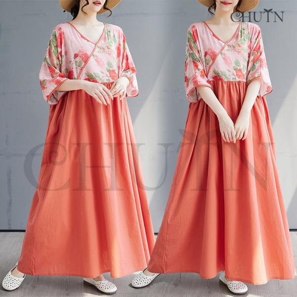 ゆるワンピースマキシワンピース夏花柄ドッキングワンピース体型カバー40代50代5分袖 ゆったり涼感T...