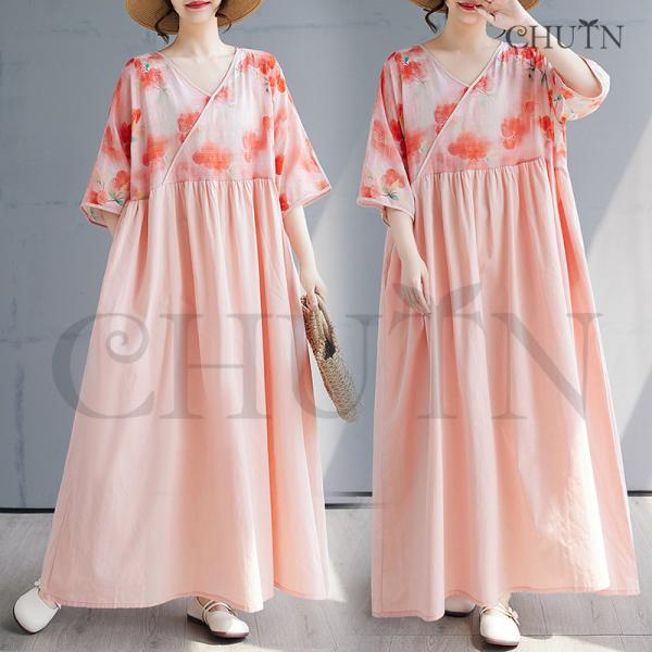 綿麻ゆるワンピースマキシワンピース夏花柄ドッキングワンピース体型カバー40代50代5分袖 ゆったり涼...