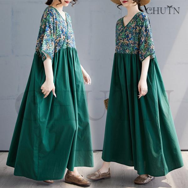 綿麻ゆるワンピースマキシワンピース夏花柄ドッキングワンピース体型カバー40代50代5分袖 ゆったり涼...