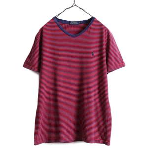 ■ ポロ ラルフローレン Vネック ボーダー 半袖 Tシャツ ( メンズ M ) 古着 POLO ロゴTシャツ ポニー刺繍 シングルステッチ 2トーン 紺 赤｜tzdfb97470