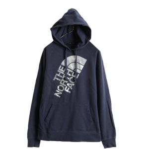 ■ ノースフェイス ロゴ プリント スウェット フード パーカー ( レディース L ) 古着 The North Face トレーナー プルオーバー 裏起毛 紺｜tzdfb97470