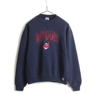 90s USA製 ボーイズ XL メンズ S 程■ ラッセル MLB インディアンス ロゴ刺繍 前V スウェット 古着 90年代 オールド トレーナー RUSSEL 紺｜tzdfb97470