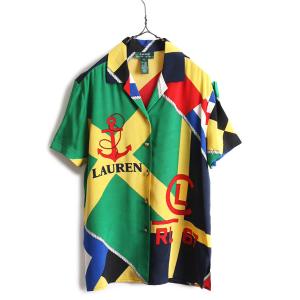 100% シルク 90s ■ LAUREN ラルフローレン オープンカラー 総柄 半袖 シャツ レディース M 古着 90年代 オールド POLO 開襟 ブラウス ポロ｜tzdfb97470