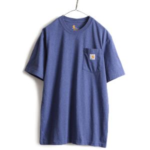 ■ カーハート クルーネック ポケット付き 半袖 Tシャツ ( メンズ M ) 古着 ヘビーオンス ポケT ロゴT CARHARTT ワンポイント ブルー 青 紫