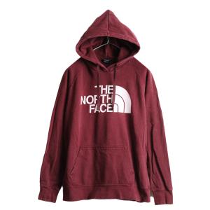 ■ ノースフェイス プリント スウェット フード パーカー レディース L 古着 The North Face トレーナー プルオーバー 裏起毛 エンジ 薄手｜tzdfb97470