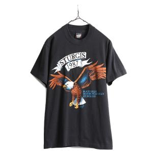 80s USA製 スタージス ハーレー アニマル 両面 プリント 半袖 Tシャツ メンズ M 小さめ S 程/ 80年代 黒 STURGIS イラスト バイク イーグル｜tzdfb97470