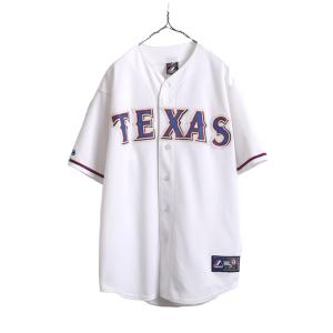 MLB オフィシャル Majestic レンジャーズ ベースボール シャツ メンズ XL 古着 ユニフォーム 半袖シャツ ゲームシャツ メジャーリーグ 野球｜tzdfb97470