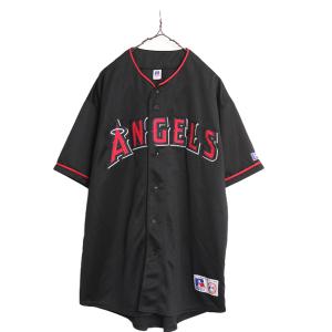 90s MLB オフィシャル ラッセル エンゼルス ベースボール シャツ メンズ XL 90年代 ユニフォーム メジャーリーグ 半袖シャツ 野球 ブラック｜tzdfb97470