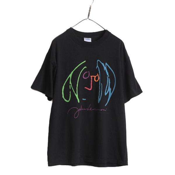 90s ★ ジョンレノン 自画像 イラスト プリント Tシャツ メンズ L / 黒 90年代 当時物...