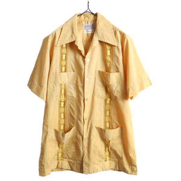 70s ■ オープンカラー 半袖 キューバ シャツ ( メンズ M ) 古着 70年代 ビンテージ ...