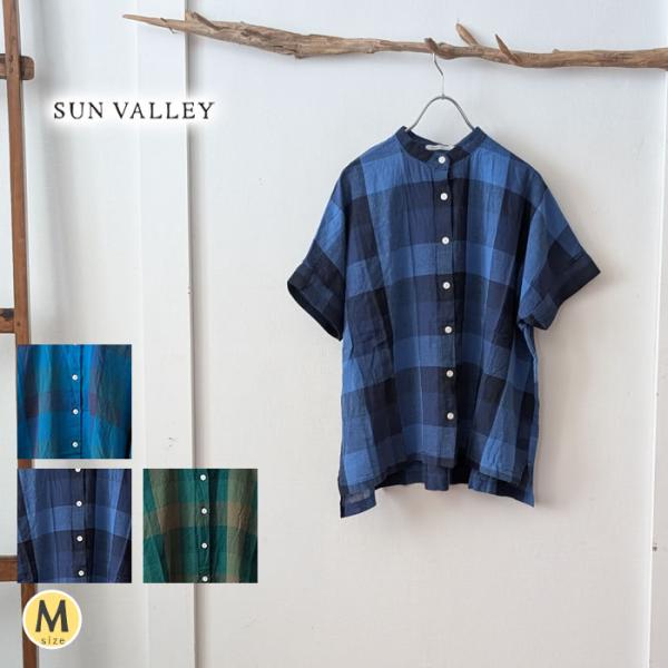 SUNVALLEY サンバレー 綿麻チェック柄スタンドカラーシャツ 半袖 ワイドシルエット 裾スリッ...
