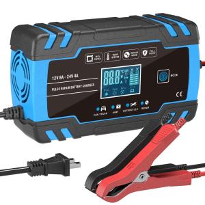 AUTOWHD 12Vと24V用鉛蓄バッテリー充電器 全自動バッテリーチャージャー 修復充電機 パルス充電 1.5A/4A/8A充電電流 トリクル充