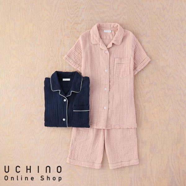 UCHINO クレープガーゼ パイピング半袖レディースパジャマ 半袖 ハーフパンツ クレープ調 ポケ...