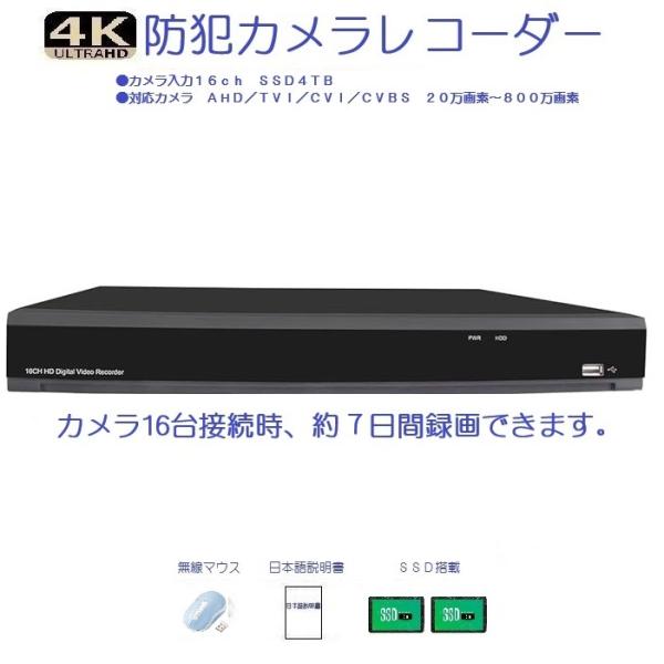 4K 8MP 防犯カメラ 16ch 録画機 DVR SSD4TB 4K録画