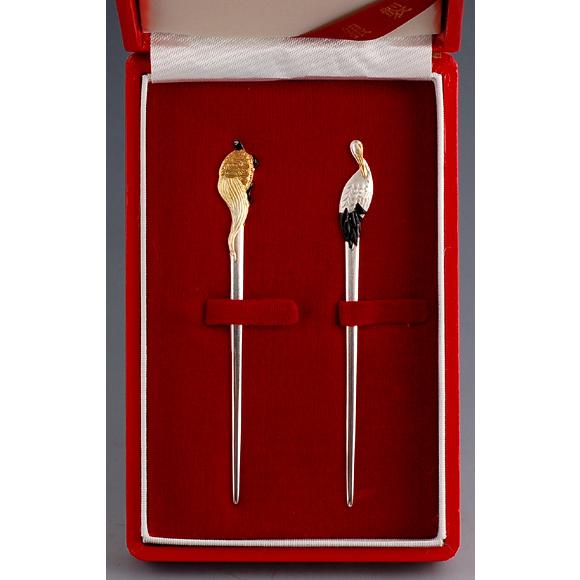 ・銀製品・菓子切・和楊枝「鶴亀」2本セット