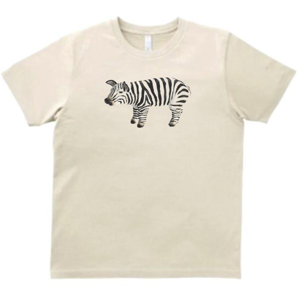 動物・生き物　シマウマ柄のブタ　Tシャツ　ライトベージュ