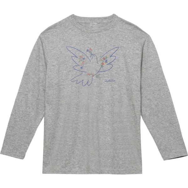 ピカソ　花と鳩　デザイン・アート　長袖Tシャツ　ロングスリーブ　グレー