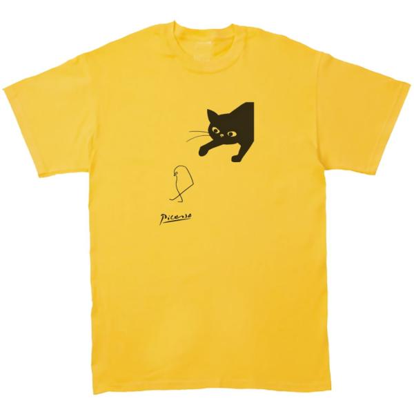 ピカソ　小鳥と黒猫　デザイン・アート　Tシャツ　イエロー