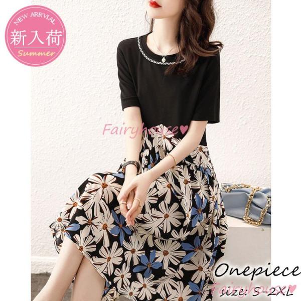 ワンピース レディース 40代 きれいめ 膝丈ワンピース 春夏 半袖ワンピース 花柄切り替え シフォ...