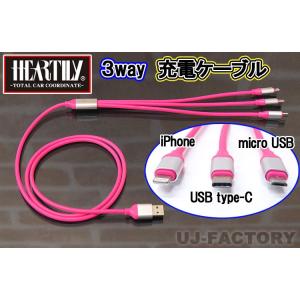 【クリックポスト可】  HEARTILY / ハーテリー ◆ 3way USB シリコン充電ケーブル(1.2m)《蛍光ピンク》iphone ×１/ android系 × 2種 / iQOS対応｜uj-factory