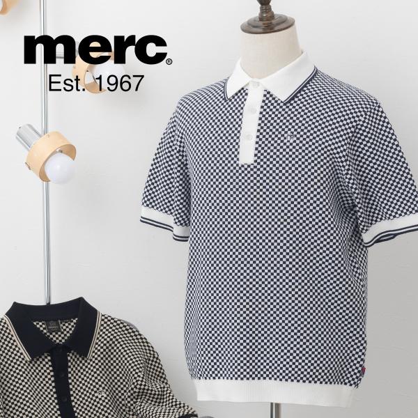 メルクロンドン メンズ 半袖ニットポロシャツ チェッカーボード柄 ジャカードニット ブラック バニラ...