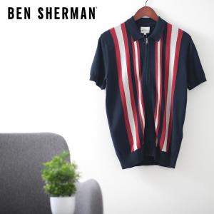 ベンシャーマン メンズ ポロシャツ ポロ ジップ スルー ストライプ Ben Sherman ダークネイビー レギュラー フィット