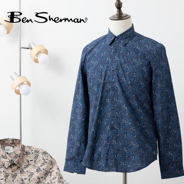 ベンシャーマン メンズ 長袖シャツ アールヌーボー フローラルプリント ダークネイビー フォグ Be...