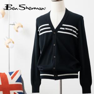 ベンシャーマン Ben Sherman ジョンレノンコラボ Vネックニットカーディガン イマジン IMAGINE ブラック ストライプ レギュラーフィット 長袖 セーター｜ukclozest