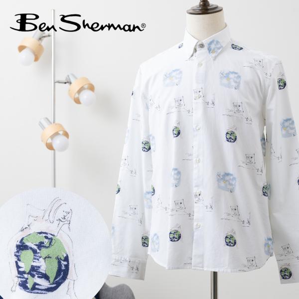 ベンシャーマン Ben Sherman ジョンレノンコラボ スケッチプリント 長袖シャツ ホワイト ...