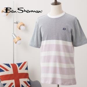 Ben Sherman ベンシャーマン ブロックストライプ Tシャツ ダークネイビー コットン リラックスフィット クルーネック テクスチャード加工 ユニセックス｜ukclozest