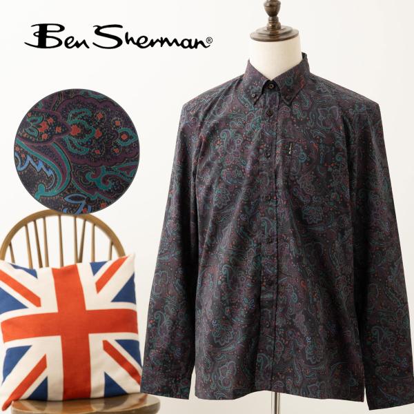 ベンシャーマン Ben Sherman 長袖シャツ ペイズリー プリント  ブラック MOD FIT...