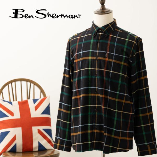 ベンシャーマン Ben Sherman 長袖シャツ ブラッシュチェック プリント チェック柄 ブラッ...