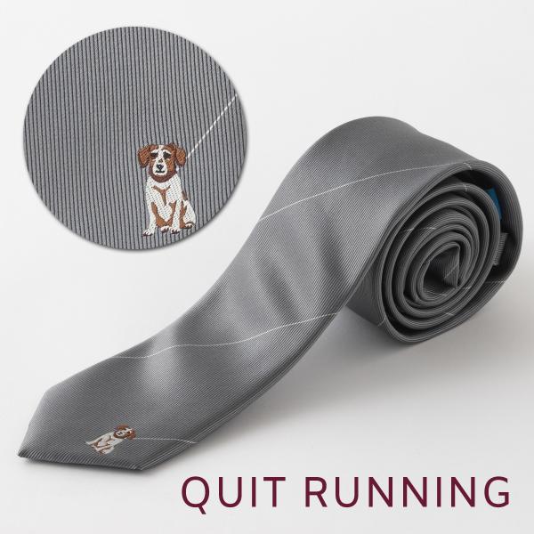 犬好きの方に ドッグ ビーグル デザインネクタイ ストライプ 刺繍 洗えるイージーケア シルバーグレ...