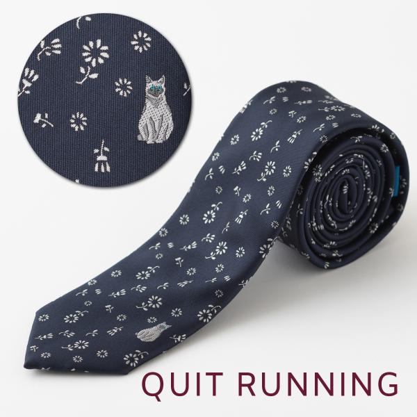 猫好きの方に キャット デザインネクタイ 刺繍 洗えるイージーケア ネイビー シャムネコ 花柄 CH...