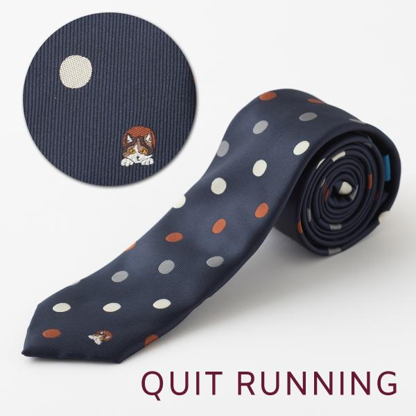 猫好きの方に キャット デザインネクタイ 刺繍 洗えるイージーケア ネイビー ドット CHILLWO...