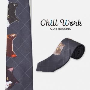 総柄とろみネクタイ キャット デザイン 洗えるイージーケア 太め ネイビー チェック CHILLWORK ウォッシャブル 洗濯OK レギュラータイ チルワーク メンズ｜ukclozest