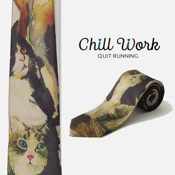 総柄とろみネクタイ キャット デザイン 洗えるイージーケア 太め カーキ ブラック CHILLWOR...