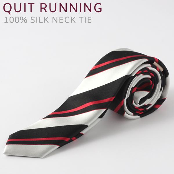 シルクネクタイ Quit Running ストライプ ブラック×ホワイト ハンドメイド クイトランニ...